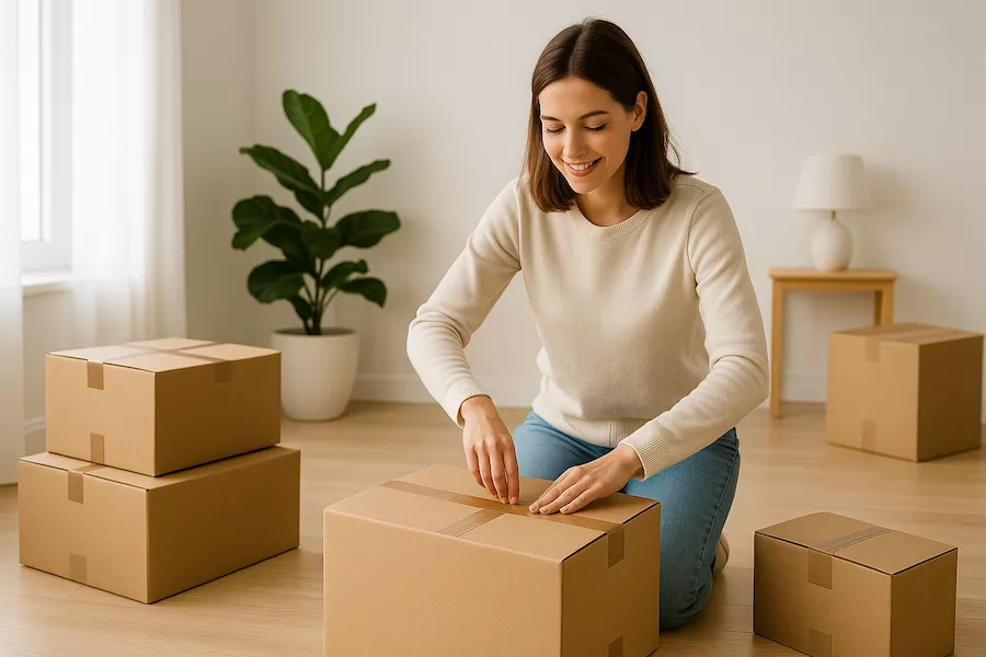 “Person packar flyttkartonger i ett rent och ljust hem – symboliserar ordnad och harmonisk flytt med fokus på planering, struktur och ny start i bostaden”